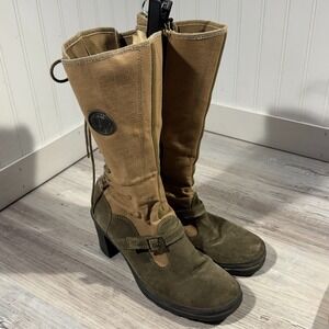 Palladium heel boots womens sz 10 calf zipper lace canvas leather green tan